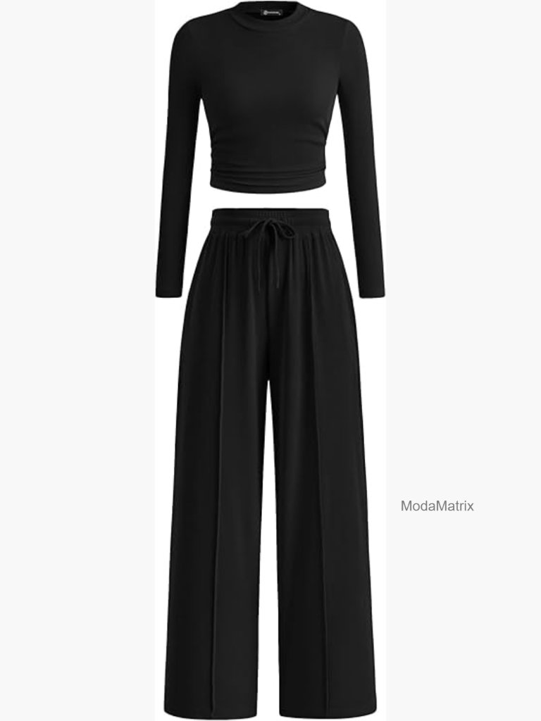 2 Piece Loungewear Set Crop Top Wide Leg Pants Tracksuit
